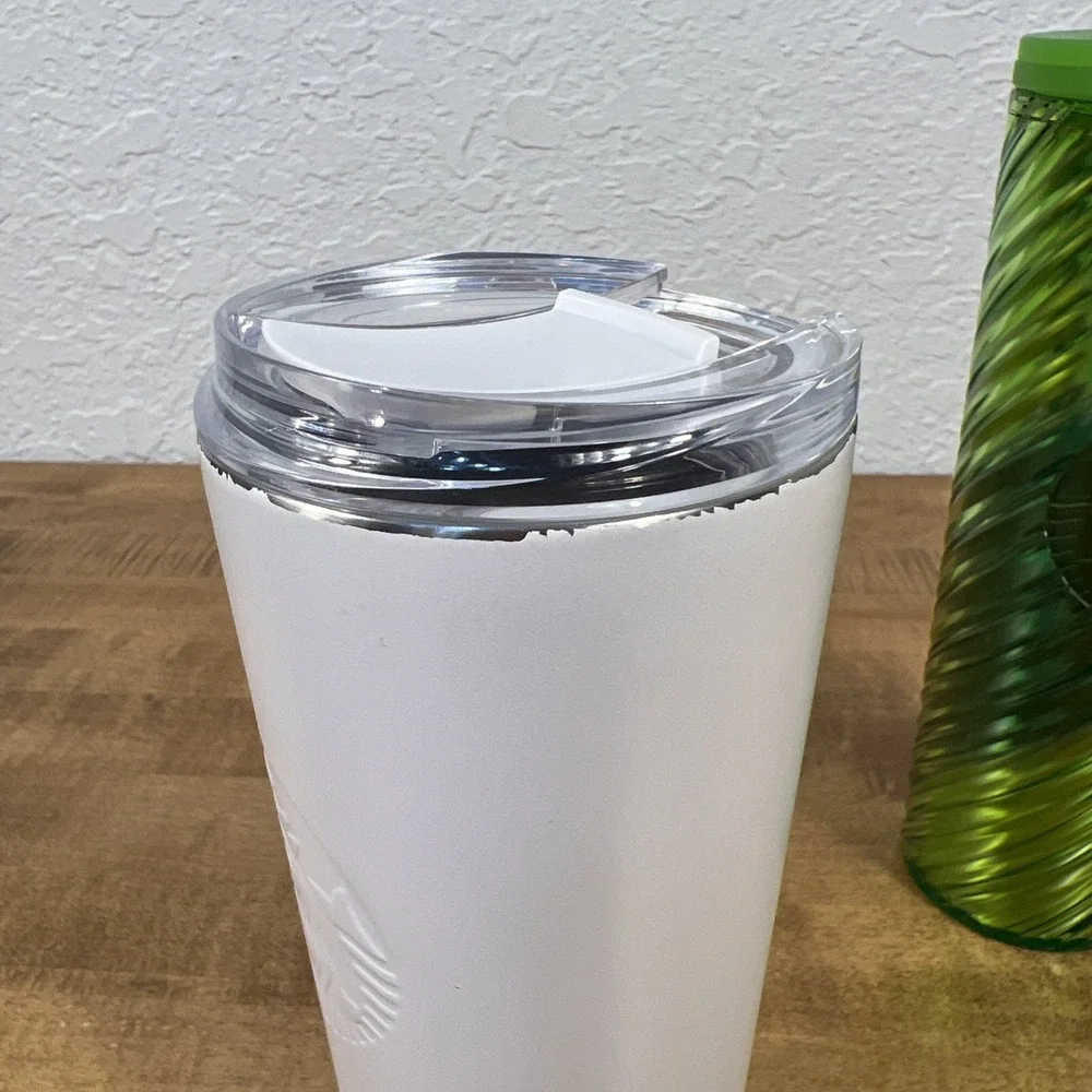 Starbucks White Pearl Stainless Steel‎ Vacuum & Holiday Green Swirl Tumbler 16oz